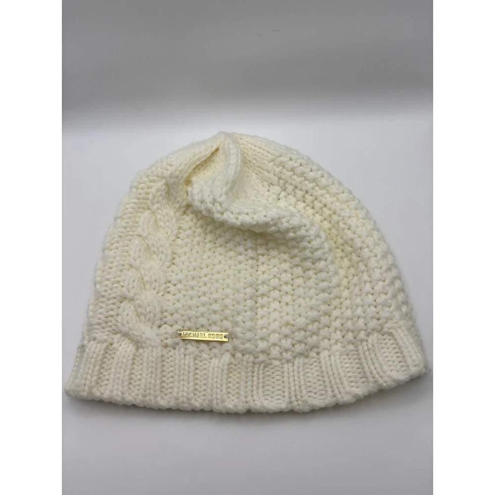 Michael Kors Women's Beanie Hat Cream White Cable Knit Gold Logo Plaque Winter